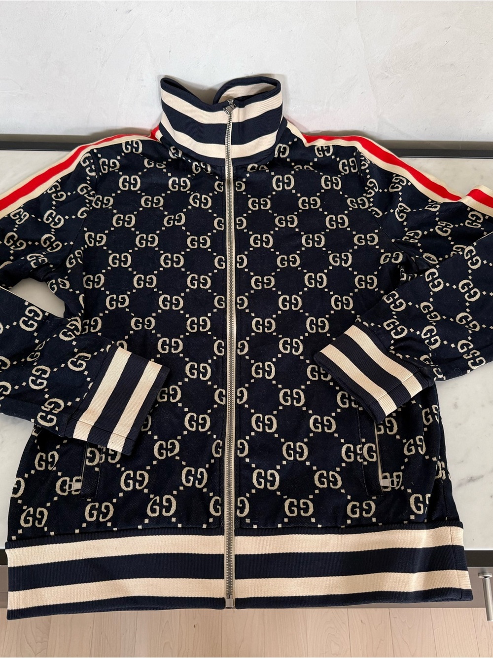 Gucci Navy GG Zip-Up Track Jacket with Red Stripe